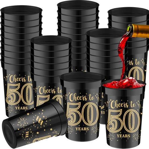 40 Pcs Size 16oz Color Black 40th 50th 60th 70th Birthday Cups Cheers to 40 50 60 70 Years Plastic Stadium Gold and Black Cups for Birthday Decorations Party Favors Men Women Wedding Anniversary Supplies(50th)