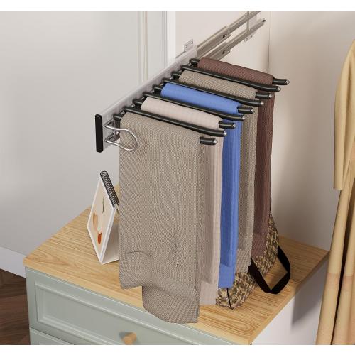 9 Arms Pull Out Pants Rack,Retractable Pull Out Trousers Rack Pull Out Trouser Hangers Pull Out Pants Hangers Space Saving (Black, Left Side Installation)
