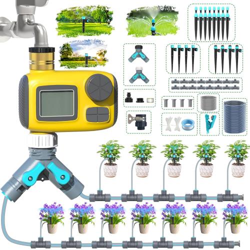 Drip Irrigation System Kit with Water Timer 100FT，1/2 inch Hose 1/4 inch Distribution Tubing，Water Timer for Garden Hose with Anti-Leakage Quick Connector and Drip Emitters,for Potted Plant