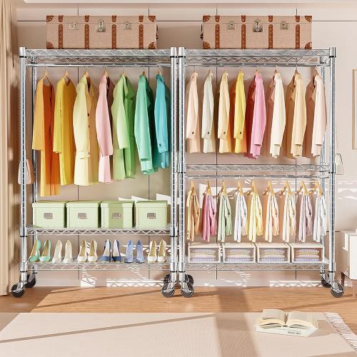 Size 17.7 D x 47.2 W x 83.6 H Heavy Duty Rolling Garment Rack 3 Tiers Adjustable Wire Shelving Clothes Rack with 2 Rods and Side Hooks, Storage Closet Clothing Rack with Wheels Chrome 17.7 D x 47.2 W x 83.6 H
