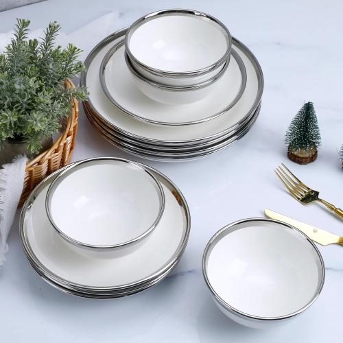 12-Piece Porcelain Dinnerware Set with Silver Rim- Durable Porcelain Plates & Bowls, Complete Service for 4