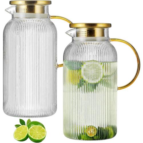 2 PACK Size 68oz Glass Pitcher with Lid, 68 oz/ 2 Liter Classic Vertical Stripes Water Pitcher with Yellow Handle,Glass Water Carafe for Cold Brew, Coffee, Lemonade, Iced Sun Tea,Beverage,Heat Resistant