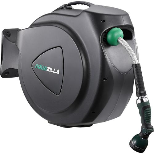 Size 65 6ft 5/8 Retractable Garden Hose Reel, 65FT  6FT 5/8 Durable Wall Mounted Water Hose Reel with 180° Swivel Bracket, 9 Pattern Sprayer, 6Ft leader hose,Smooth Automatic Rewind, Any Length Lock.