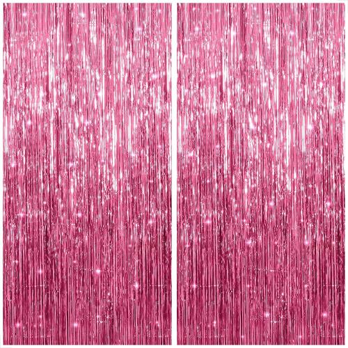 KatchOn, Pink Streamers for Party Decorations - XtraLarge 3.2x8 Feet, Pack of 2, Pink Backdrop Party Decoration Tinsel Curtain Backdrop Foil Fringe Birthday Decorations, Bachelorette, Graduation Decor