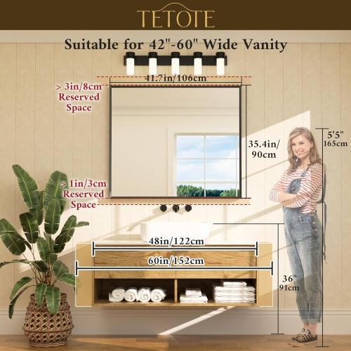 TETOTE Bathroom Mirror for Over Sink Brushed Nickel Beveled Frame 42 x 36 Rectangle Bathroom Vanity Wall Mirror, Tempered Glass, Stronger Frame, Modern Farmhouse Bedroom, Entryway, Living Room