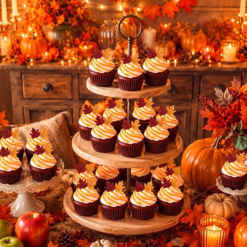 Novabright 4 Pcs Fall Fake Cupcakes Fall Tiered Tray Decor Foam Artificial Cupcakes Autumn Maple Leaf Farmhouse Decoration Thanksgiving Party Home Photography Props