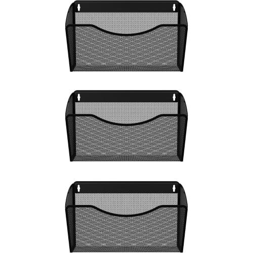 EasyPAG 3 Pack Wall File Holder, Single Mesh Hanging File Organizer for A4 Letter Size Paper, Wall Mount Paperwork Basket for Office, Home, School, Black