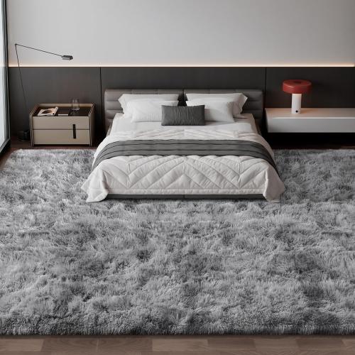 Large Shag Area Rugs 10 x 14, Tie-Dyed Plush Fuzzy Rugs for Living Room, Ultra Soft Fluffy Furry Rug for Bedroom, Anti-Skid Indoor Carpet Nursery Rugs for Kids Room Home Decor, Light Grey