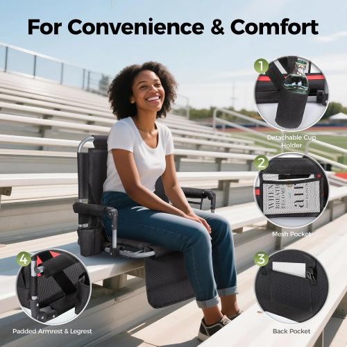 ALPHA CAMP Extra Wide Padded Stadium Seats for Bleachers with Back Support | Padded seat ,Universal Hooks,Straps,pockets,Heavy Duty Steel Frame,Cup Holder ,Bleacher Parents,Sports Events Easy Setup