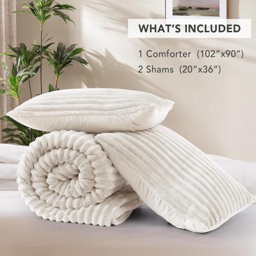 Geniospin Luxury Fluffy King Comforter Set-3 Pieces, Ivory Comforter King Size All Seasons, Faux Fur Bedding Set, Plush Fuzzy Comforter(Ivory, 102''x90'')