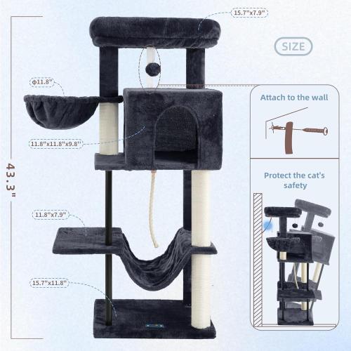 Gitelsnour Cat Tree, Cat Tower for Indoor Cats, 43.3 inch Cat Tree Tower with Sturdy Steel Tube, Hammock, Cat Condo for Small Cats and Kittens, Scratching Post, Smoky Gray GCT004SG