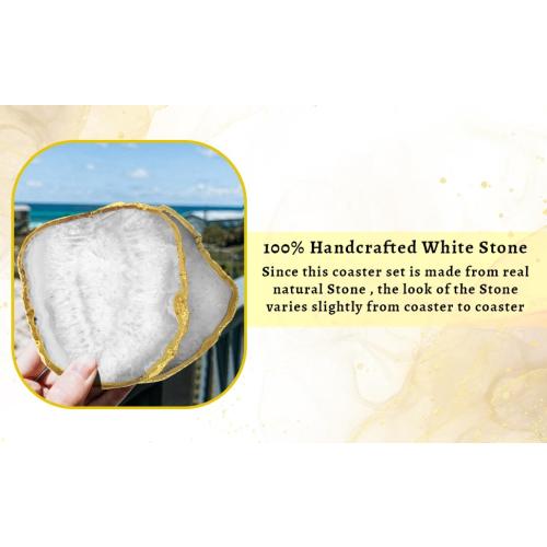 White Natural Sliced Agate Coasters Set of 4 Brazilian Natural Gemstone Coasters with Gold Rim