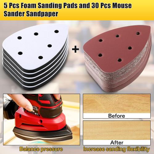5 Pcs 6 Holes Foam Sanding Pads with 30 Pcs Mouse Sander Sandpaper