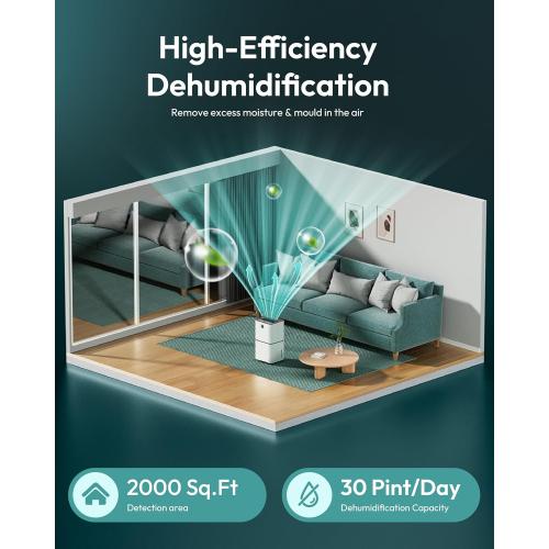 2000 Sq. Ft Dehumidifier for Home/Basement, 30 Pints 36 dB Dehumidifiers for Bedroom/Bathroom With Drain Hose LED Intelligent Humidity Light