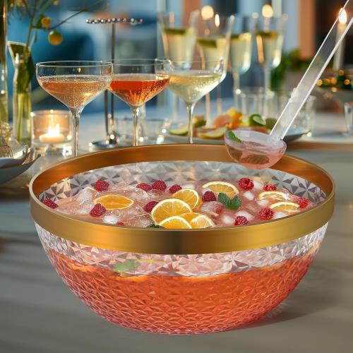 NiHome Gold Trim Clear Plastic Punch Bowl with Ladle and Tong for Parties, Weddings, BBQs, 1.4 Gallon Beverage Serving Bowl Complete Set for Cocktails, Salads, Snacks, Easy to Clean