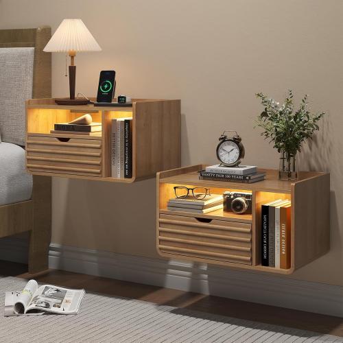 Maupvit Wood Floating Nightstand Set of 2, Wall Mounted Night Stand with Drawer and Charging Station, Bedside Table with Open Shelf, Led Nightstand for Bedroom, Easy Assembly