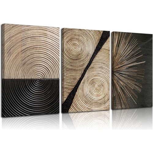 3Pcs Retro Wood grain Abstract Canvas Wall Art Minimalist Black Golden Line Texture Wall Decor Pictures Neutral Geometric Beige Brown Poster Prints for Living Room Bedroom Home Decoration 16x24in
