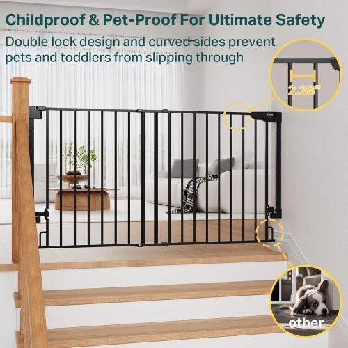 Cumbor 35.1–55 No Bottom Bar Baby Gate for Stairs, 2-in-1 Auto Close Dog Gate Indoor, Hardware Mounted Wide Pet Gate for Doorways with Large Walk Thru Door, Child-Proof Safety Gate for Kids (Black)