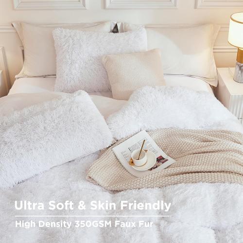 Andency Faux Fur White Comforter King Size, 3 Pieces Fluffy Fuzzy Plush Bedding Comforter Set (1 Shaggy Velvet Comforter & 2 Pillowcases), Soft Puffy Comfy Down Alternative Comforter Bedding Set
