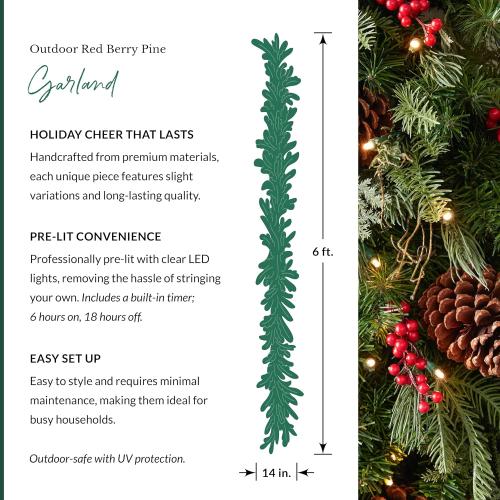 Balsam Hill Outdoor Red Berry Pine Christmas Garland - Fresh Traditional Greenery Garland with Natural Elements & Battery-Operated LED Clear Lights for Indoor and Outdoor Holiday Decorating, 6'
