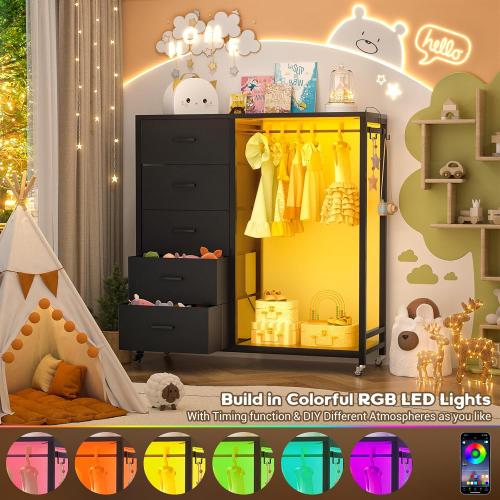 Cyclysio Dresser with Hanging Rack, 5 Fabric Drawers Dresser with Clothes Rack, Wooden Top Storage Chest of Drawers with Charging Station & LED Lights, Lockable Wheels, Closet