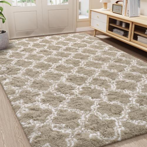 LOCHAS Luxury Shag Area Rug 8 x10 Feet Geometric Plush Fluffy Rugs, Extra Soft Carpet Moroccan Rugs for Bedroom Living Room Dorm Kids, High Pile Shaggy Floor Rug Decor, Beige/White