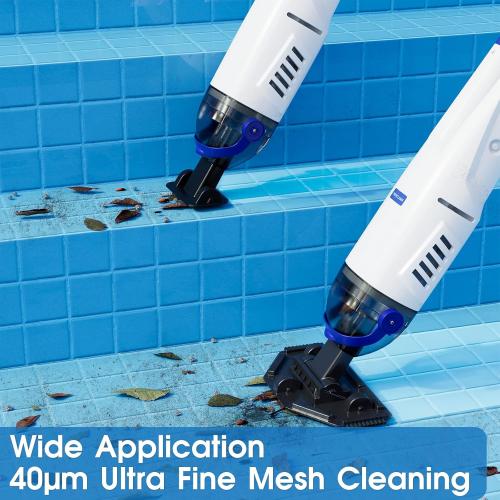 Cordless Handheld Pool Vacuum Cleaner 1110 GPH True Strong Suction 60min Run-time 40µm Ultra Fine Mesh Filter for Leaves Debris,with Aluminum Pole&Angle Head for Hot Tubs,Inground &Above Ground Pools