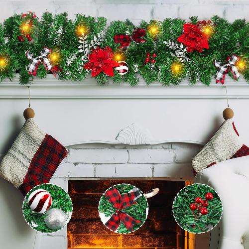 Christmas Garland with Lights, Pre-lit 9ft Christmas Decorations with 50 Warm White LED Lights, Berries, Balls, and Red Flower for Door, Stairs, Railing, Indoor, Outdoor, Battery Operated