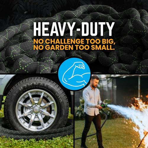 PowerFlow Garden Hose, NON-EXPANDABLE 25 Feet Premium Quality Stainless Steel Metal Water Hose with Durable Fabric Skin, Hose For Commercial, Residential Use, Bonus 10-way Spray Nozzle (25 Ft, Black)