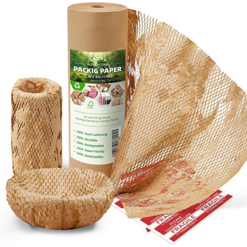 Honeycomb Packing Paper, 12 x 400' Honeycomb Cushioning Wrap Roll for Moving Shipping Packaging Gifts, Recyclable Honeycomb Paper Bubble Paper Wrapping with 20 Fragile Sticker Labels