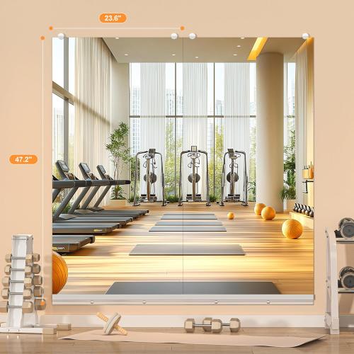 Hasipu Home Gym Mirror, 48x24 Each, 2-Pack Frameless Wall Mounted Mirrors with Glass Clamps & 1 Aluminum Rail, Large Body Mirror for Home Gym, Yoga Studio, Bedroom, Silver Tempered Glass