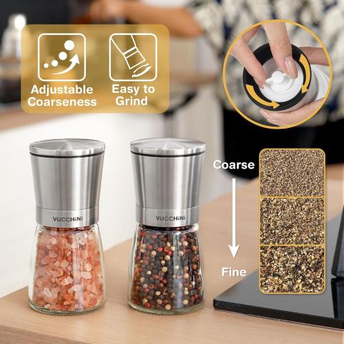 VUCCHINI Salt and Pepper Grinder Set - Adjustable Stainless Steel Spice Ceramic Grinders Mill Shaker for Kitchen Table - Stainless Steel color
