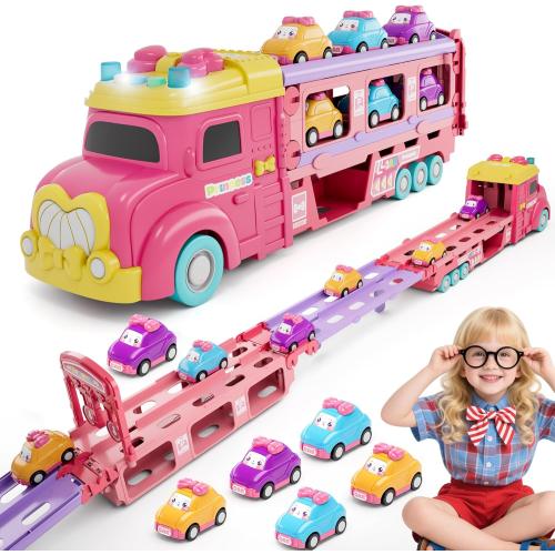 Carrier Truck Toys for Kids, Princess 3.8-FT Foldable Hauler Track Ejection Car and 6 Carton Car with Light&Sounds, Truck Toy Child Toys for 3 4 5 6  Year Old Girls-Pink