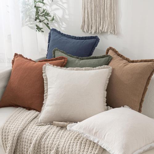 MIULEE Decorative Throw Pillow Covers Neutral Linen Fringe Throw Pillows Euro Shams Set of 2 Natural Beige Boho Farmhouse Cushion Covers for Couch Sofa Bed Living Room Spring Home Decor 28x28 Inch