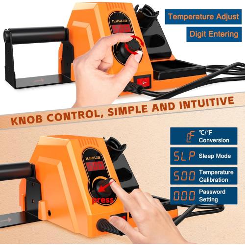 HX46 60W Digital Display Soldering Iron Station Kit with 2 Helping Hands, 5 Extra Iron Tips, Solder Wire, Solder Sucker, ESD Tweezer, °C/ºF Conversion, Auto Sleep & Calibration Support
