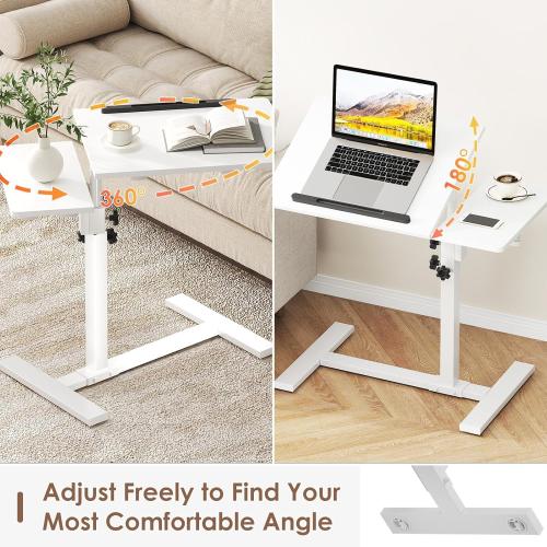 Height Adjustable C-Shaped Table with Removable Wheels, Mobile Sofa Snack Table with Tiltable Top, Adjustable Laptop Stand for Couch, Bedside Desk with Pen Slot, White
