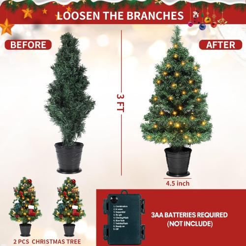 Sosation 2 Pcs 3 ft Artificial Christmas Tree Decor Prelit Tabletop Flocked Christmas Tree with Lights Pine Cones Plasic Base Pre Lit Green Xmas for Indoor Porch Decoration 8 Modes Timer 80 LEDs