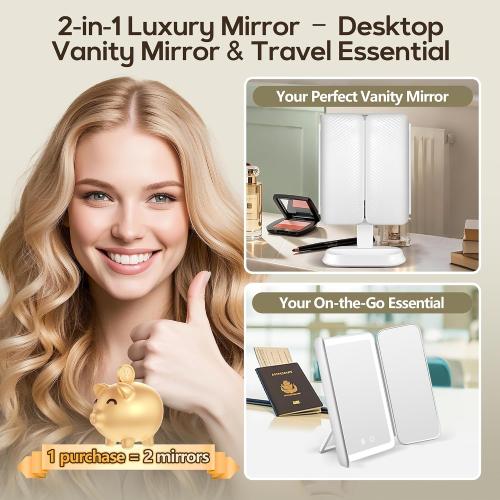 GOMIPURU Makeup Mirror with Lights and 30X/10X/5X Magnification, Vanity Mirror with 3 Color Lights, Rechargeable, Detachable, Lighted Makeup Mirror with Magnification, Trifold Mirror, Gifts, White
