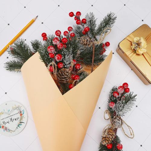 Christmas Pine Picks, 6inch Christmas Red Berry Picks Stems, Artificial Pine Cones Holly Stem Craft, Winter Holiday Flocked Holly Floral Picks for Crafts DIY Xmas Tree Ornaments