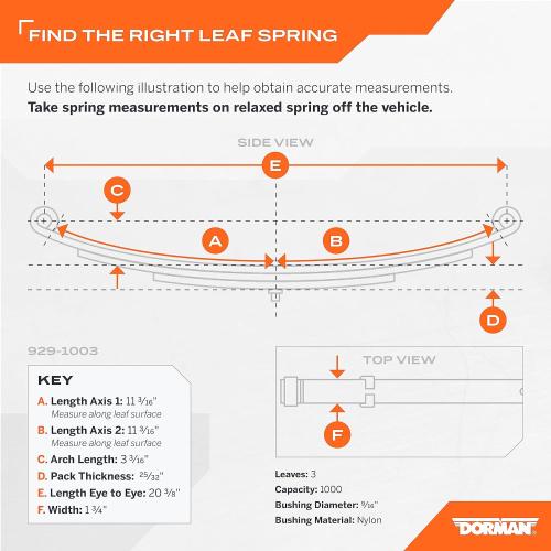 Dorman 929-1003 Utility Trailer Leaf Spring, Eye/Eye, 1 3/4 Width, 20 3/8 Length, 3 3/16 Arch, 3 Leaf, 1000lb Capacity
