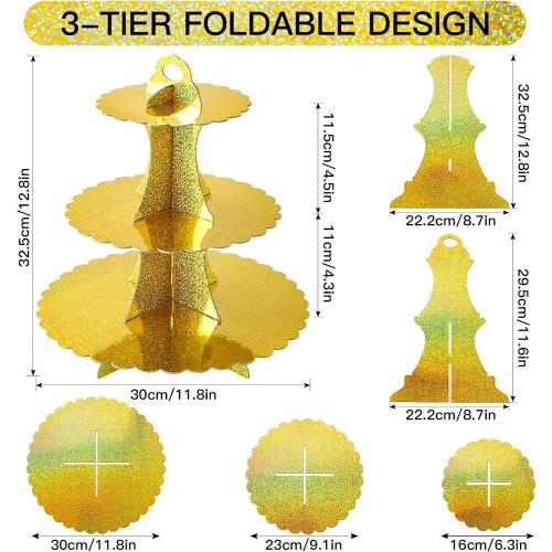 Soleebee 3-Tier Cupcake Stand, Cardboard Cupcake Tower, Dessert Cup Cake Stand Tower for Birthday Wedding Party Decoration, Cupcake Tier Stand 2 Set (Glitter Gold)