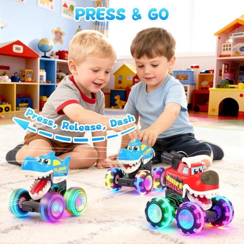 Monster Truck Toys, 3 Pack Light Up Cars for Toddlers, Baby Animal Toy Trucks Dino Cars with LED Lightning Wheels, Press & Go Car with Moving Mouth for Kids Boys Girls Christmas Birthday Gifts