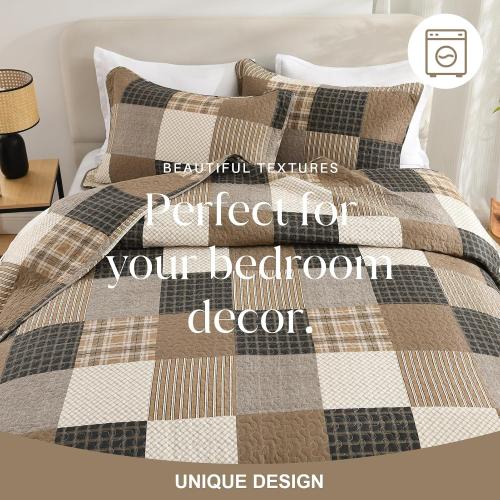 Plaid King Quilt Set - 100% Cotton Quilts, King Quilt Bedding Set, Farmhouse Patchwork Quilt, Lightweight Bedspread Coverlet for All Seasons, Brown, 3 Piece, 98x106