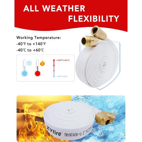 ZYfire Fire Hose 2 ID x 25 FT, NST/NH Couplings, Double Jacket TPU Lined