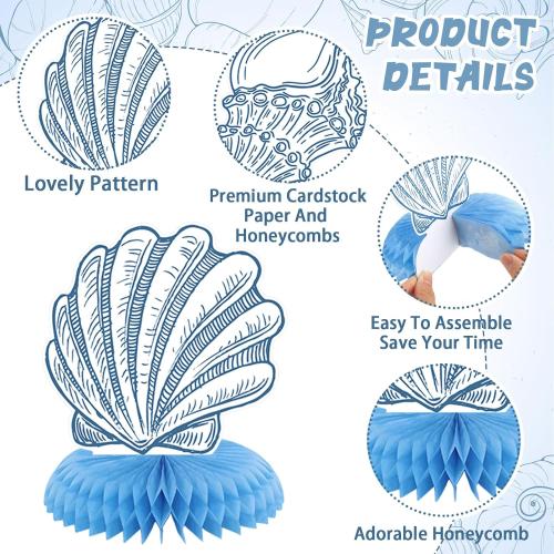 12 Pcs Blue Bow & Seashell Birthday Party Table Decor, Blue Bow Honeycomb Centerpieces, Summer Coastal Beach Party Decor, Starfish Seashell Table Topper for Birthday Bachelorette Bridal Wedding