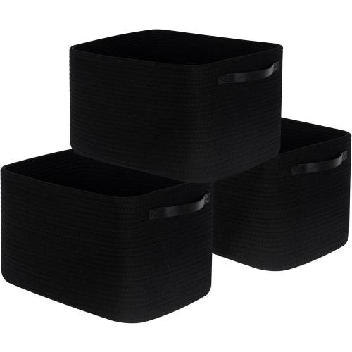MINTWOOD Design 3-Pack Storage Baskets for Shelves, Decorative Baskets for Organizing, Woven Baskets for Storage, Book Basket Cube Bin Box, Pantry Closet, Shoe Organizer, Black / Black