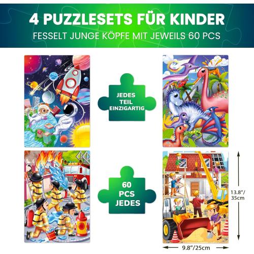QUOKKA Puzzles for Kids Ages 4-6 - Set of 4x60 Jigsaw Puzzles for Toddlers 3-5 - Space, Dino, Firefighters Toys for Children 6-8 yo - Gift Educational Game for Boys & Girls