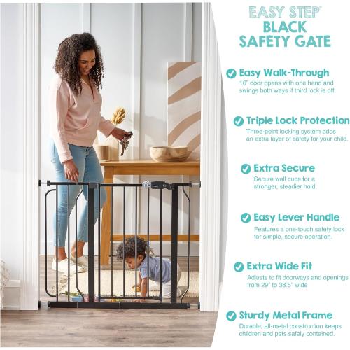 Regalo Safety 29-38.5 Baby Gate for Doorways & Bottom of Stairs, Pressure Mounted Baby Gate with Door for Babies, Toddlers & Pets, Tested & Safe for 30 Years, American Designed, American Owned, Black
