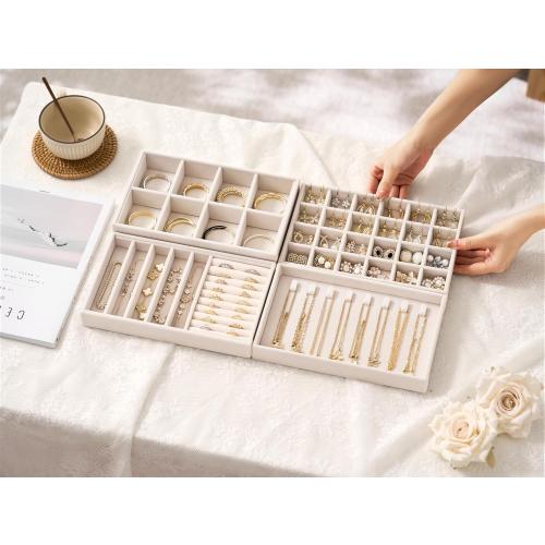 Velvet Jewelry Drawer Organizer Trays – 4-Layer Stackable Jewelry Storage Inserts Set, Beige Jewelry Tray Set for Earrings, Rings, Necklaces, Bracelets with Removable Dividers for Dresser & Vanity