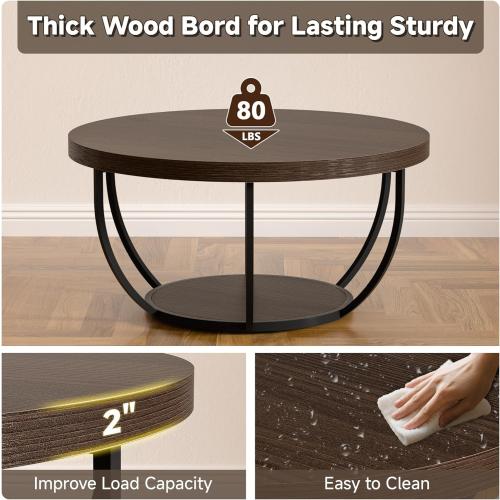 Round Coffee Table, 31 Coffee Table for Living Room Decor, 2-Tier Storage with Steel Frame, Space-Saving Wood Center Table, Modern Style Easy Assembly (Dark Coffee)